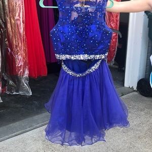 Two piece dress, blue with silver jewels.